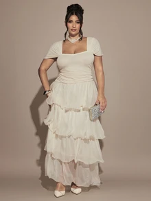 Gossip Girl X SHEIN SHEIN BAE CURVE Plus Size Women's Ruffle Pleated Fashion Party Long Dress - Apricot - View 6