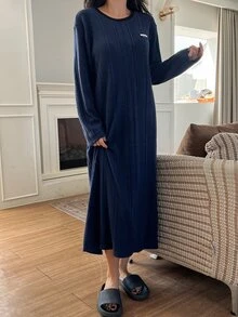 DAZY Autumn/Winter Brushed Fabric Letter Print Loose Fit Women's Loungewear Dress - Navy Blue - View 3