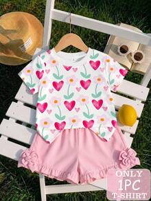 SHEIN Playful Pals 女童T恤，適合夏季、春季、秋季、冬季，四季穿著，舒適時尚，街頭風，適合4-7歲女孩，愛心、花卉、花朵、可愛、日系，日常舒適百搭，旅行、開學、聖誕節 - 白色 - 查看 1