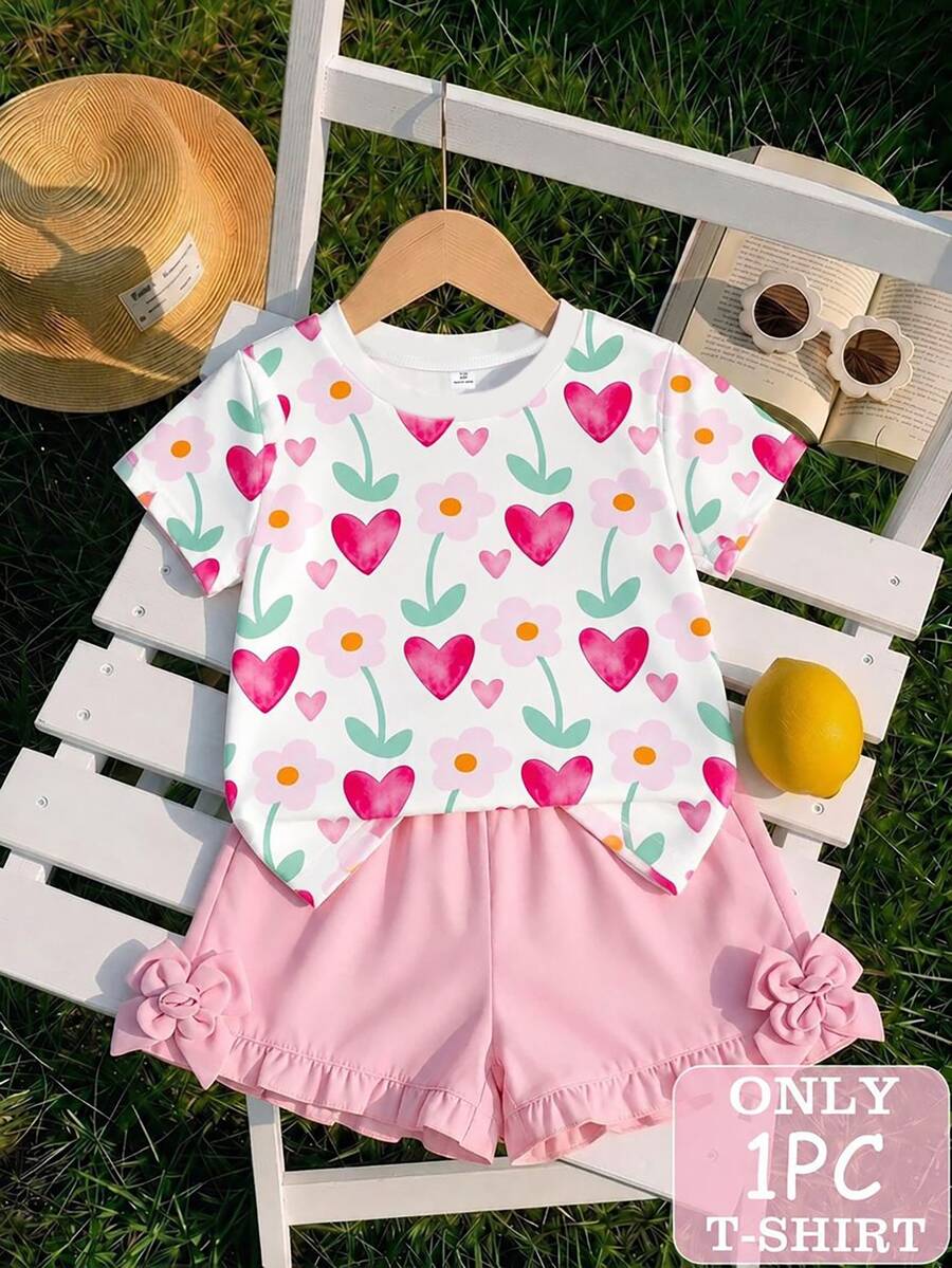 SHEIN Playful Pals 女童T恤,適合夏季、春季、秋季、冬季,四季穿著,舒適時尚,街頭風,適合4-7歲女孩,愛心、花卉、花朵、可愛、日系,日常舒適百搭,旅行、開學、聖誕節 - 白色 - 查看 1