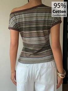 Aloruh 女款不對稱肩短袖修身 95%棉舒適條紋休閒T恤 - 棕色 - 查看 2