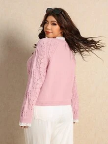 Elaquor Women's Plus Size Autumn Sweet Lace Patchwork Hollow Knit Cardigan - Pink - View 2