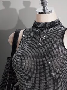 SHEIN ICON Plus Size Stand Collar Exaggerated Flare Sleeve Sheer Shiny Bodysuit, Music Festival Outfit, Party Winter - Silver - View 5