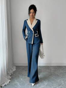 Elenzga 女款優雅黑白拼色高階西裝外套與喇叭褲兩件套裝，秋季辦公商務通勤日常穿著 - 藏蓝色 - 查看 4