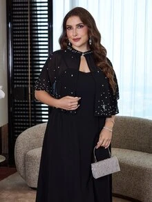 Modelyn Plus Size Women Rhinestone Design Short Sleeve Top And Cami Dress Elegant 2 Pieces Set - Black - View 1