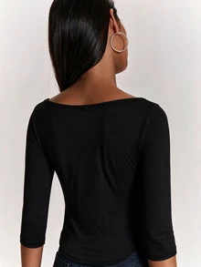 SHEIN BAE Fall Clothes For Women Winter Clothes Women's Solid Color Boat Neck Slim Fit Casual 3/4 Sleeve T-Shirt Fall Clothes For Women ,Summer, Casual Top - Black - View 7