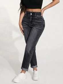 SHEIN PETITE 女款高腰口袋修身休閒百搭牛仔褲 - 黑色 - 查看 1