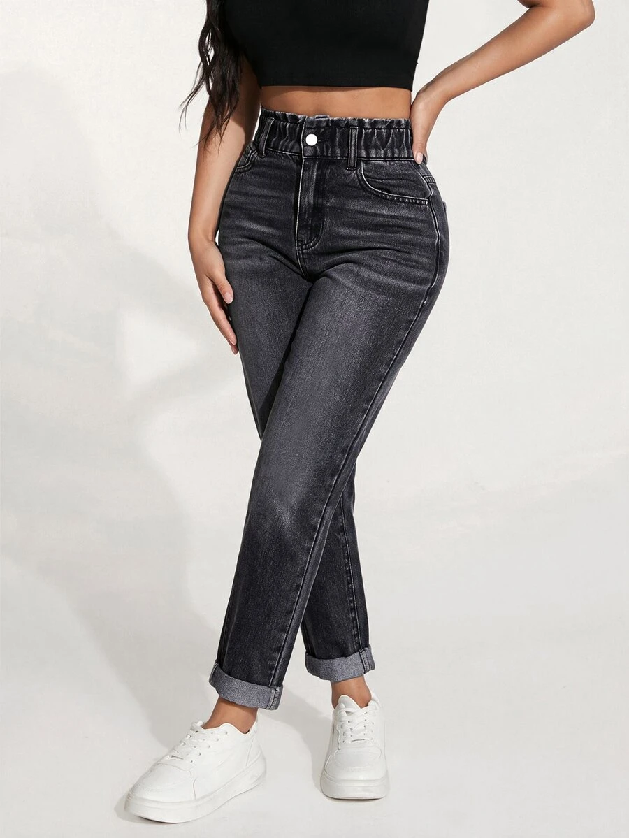 SHEIN PETITE 女款高腰口袋修身休閒百搭牛仔褲 - 黑色 - 查看 1