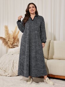 Lacomfia Minimalist Striped Plush Collar Long Sleeve Loose Regular Fit Plus Size Sweatshirt, Autumn/Winter - Multicolor - View 4