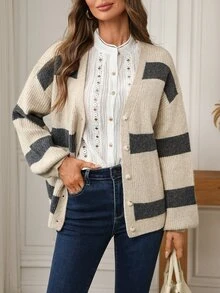 EMERY ROSE Fall Winter Striped V‑Neck Knit Cardigan, Button Front Balloon Sleeve Loose Sweater Jacket - Multicolor - View 8