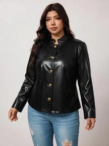 Enliva Plus-Size Women's Retro Elegant Napoleon Autumn And Winter Leather CoatApple,Rounded Body - White - View 3