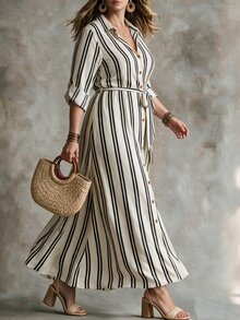 Linhara CURVE Plus Size Printed Striped Autumn/Winter Dress, Elegant Style, Belt Design, Suitable For Dating, Casual, Vacation, Street Style - Multicolor - View 3