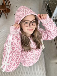 SHEIN Sparklyn 青少年女孩長袖抓絨秋季休閒純色蝴蝶結裝飾連帽拉鍊開襟外套，返校季秋季穿搭 - 粉色 - 查看 1