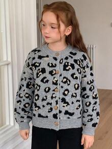 Hapijoa Tween Girl) Leopard Print Contrast Color Open Front Thick Knit Cardigan Sweater, Autumn/Winter - Grey - View 3