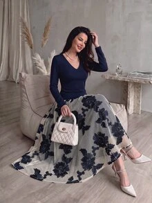 Modelyn Women's Elegant Autumn Solid Color V-Neck Long Sleeve Fitted Top & 3D Floral Mesh Midi Skirt 2 Pieces Set, Date & Commute Vibe - Navy Blue - View 7