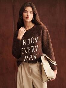 Anewsta Women's Fall/Winter Dark Brown Elegant Embroidered Decor Loose Comfortable Knit Top, Country Boho, Winter Clothes, Christmas Jumper, Going Out Party - Coffee Brown - View 1