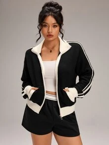 Rosumi Áo cardigan len dệt kim gân kẻ sọc phối màu tương phản có khóa kéo size lớn - màu đen - Xem 2