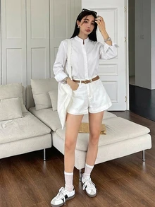 DAZY 女款素色單排扣長袖商務襯衫 - 白色 - 查看 2