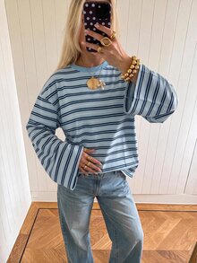 SHEIN EZwear 海外長袖淺藍色與深藍色拼接條紋上衣，秋季襯衫，適合日常通勤、派對、秋冬春夏、聖誕節、新年、感恩節、派對、婚禮、海灘、畢業典禮、優雅、外出、約會、通勤、情人節、優雅、度假、Y2K、畢業典禮等場合 - 彩色 - 查看 5
