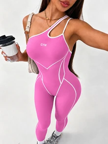 SHEIN Core Rhythm 女款鏤空設計健身性感運動連身褲 不對稱領口 秋季 - 粉色 - 查看 7