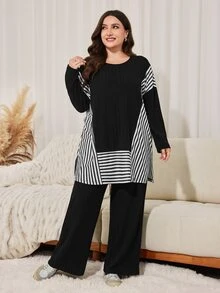 Lacomfia Plus Size Striped Color Block Long Sleeve Shirt And Minimalist Long Pants 2 Pieces Set - Black - View 5
