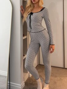 DAZY Women's Contrast Color All-Over Print Long Sleeve Top And Pants Casual Daily Home Sleepwear Set - Grey - View 3