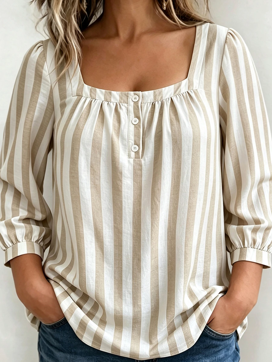 Weeklong Plus Size Striped Square Neck Blouse, Casual Half Button Puff 3/4 Sleeve Shirt Fall - Multicolor - View 1