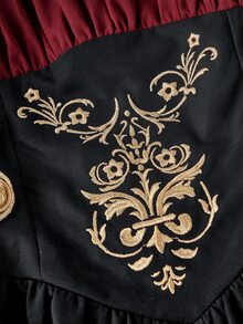 SHEIN MOD 黑白金屬扣刺繡花瓣袖 2合1短洋裝 - 紅色和黑色 - 查看 3