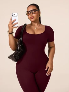 SHEIN Rhythm Era Women's Plus Size Seamless Ribbed Slim Fit Athletic Jumpsuit, Suitable For Workout, Yoga, Running - Burgundy - View 4