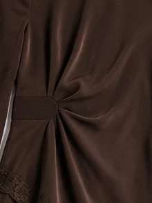 Medorina Elegant Business Chic, Asymmetric Lace Trim, 2 Pieces Pants Set, Draping Chiffon Brown, High Waist Wide Leg, Office Work Wear, Autumn Fall Winter - Brown - View 4