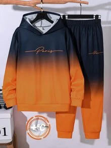 SHEIN 2件組青少年男孩休閒運動漸層色+字母圖案連帽衫與運動長褲，舒適面料，適合秋冬、學校、家庭聚會、開學季、生日派對、拍照、度假、假期，運動風，舒適好穿 - 彩色 - 查看 4