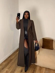 Selianne Autumn/Winter Vintage Mixed Color Oversized Lapel Shawl Collar Overcoat, Commuter Versatile Knee-Length Loose Fit Long Coat - Coffee Brown - View 5