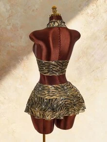 Amplova Women's Tiger Print Sexy Halter Neck Tank Top And Ruffle Hem Skirt 2 Pieces Set - Gold - View 1