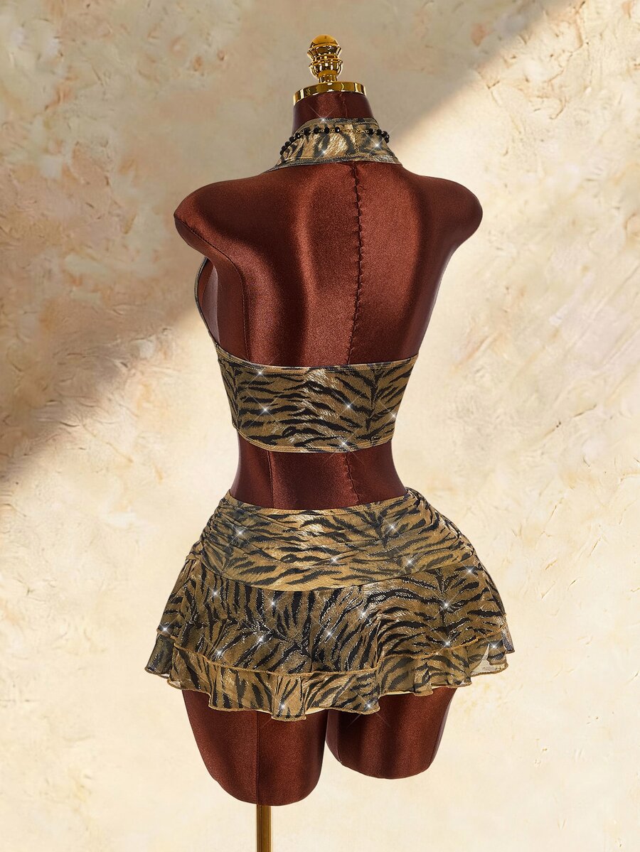 Amplova Women's Tiger Print Sexy Halter Neck Tank Top And Ruffle Hem Skirt 2 Pieces Set - Gold - View 1