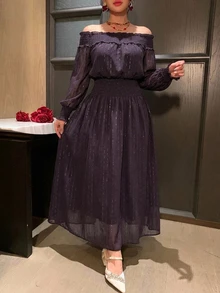 DAZY Women's 2 Pieces Set With Off-Shoulder Shirred Top And Fashionable Flared Skirt - Purple - View 7
