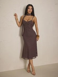 SHEIN PETITE Brown Polka-Dot Midi Mermaid Dress With Ribbon Detail And Ruched Bust (Petite) - Brown - View 5