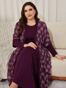 Lacomfia طقم نسائي من قطعتين كارديجان بأكمام طويلة وياقة دائرية بنقشة زهور، كاجوال بسيط وعملي للاستخدام اليومي، خريف/شتاء، لون برغندي، مقاسات كبيرة - عنابي اللون - مشاهدة 1