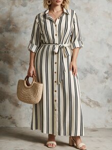 Linhara CURVE Plus Size Printed Striped Autumn/Winter Dress, Elegant Style, Belt Design, Suitable For Dating, Casual, Vacation, Street Style - Multicolor - View 4