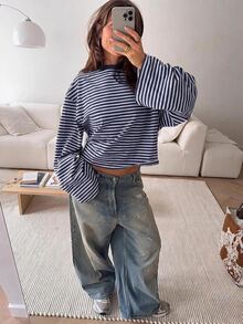 SHEIN EZwear Women's Minimalist Korean Style Striped Colorblock T-Shirt For Daily Wear - Blue - View 6
