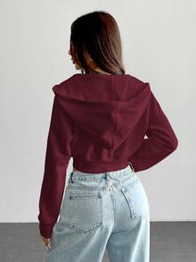 SHEIN PETITE 女款純色前拉鍊長袖口袋極簡連帽外套，休閒日常穿著，長袖上衣畢業季，秋冬返校穿搭，畢業季女裝，教師專業服飾，秋冬返校服飾 - 中紫紅色 - 查看 3
