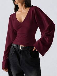 LYSMO 95% Cotton Bell Sleeve Women's Top, Burgundy Solid Color, Suitable For Spring And Autumn - Burgundy - View 4
