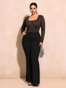 SHEIN SXY بودي سوت ملابس شارع بطبعة نمر وأكمام طويلة مقاس كبير - متعدد الألوان - مشاهدة 5