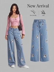 SHEIN Women's Casual Floral Pattern Wide Leg Jeans - Blue - View 1