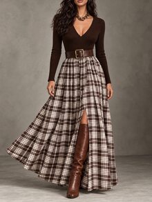 LUMIGAL Women's V-Neck Knit Brown Patchwork Plaid A-Line Chic Casual Commute Elegant Elegant Mid-Length Pocket Dress, Suitable For Spring, Summer, Autumn, Winter, All Seasons - Multicolor - View 1