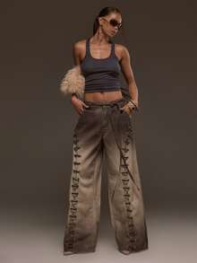 MUSERA Grey Contrast Tie Waist Low Rise Wide Leg Jeans Fall Autumn ...
