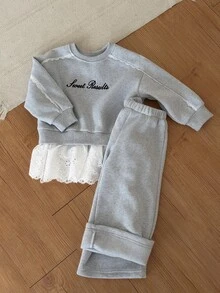 Dazy Kids Young Girl Fashion Lace Patchwork 2 In 1 Sweatshirt And Pants Set - Light Grey - View 8