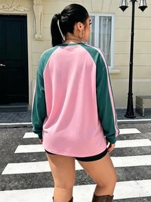 Muchica Plus Size Women's Colorblock Casual Daily Long Sleeve T-Shirt (Autumn Style) - Pink - View 3