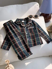 SHEIN 2件組嬰兒男孩/女孩秋冬款紅綠彩色格紋翻領長袖鈕扣上衣與鬆緊腰長褲套裝，適合聖誕節 - 彩色 - 查看 5