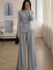 Modelyn Women's Minimalist Round Neck Metal Buckle Ruched Decor Top With Drapey Wide Leg Pants, Commute, Casual Shopping Outfit, Autumn/Winter 2 Pieces Set - Grey - View 3