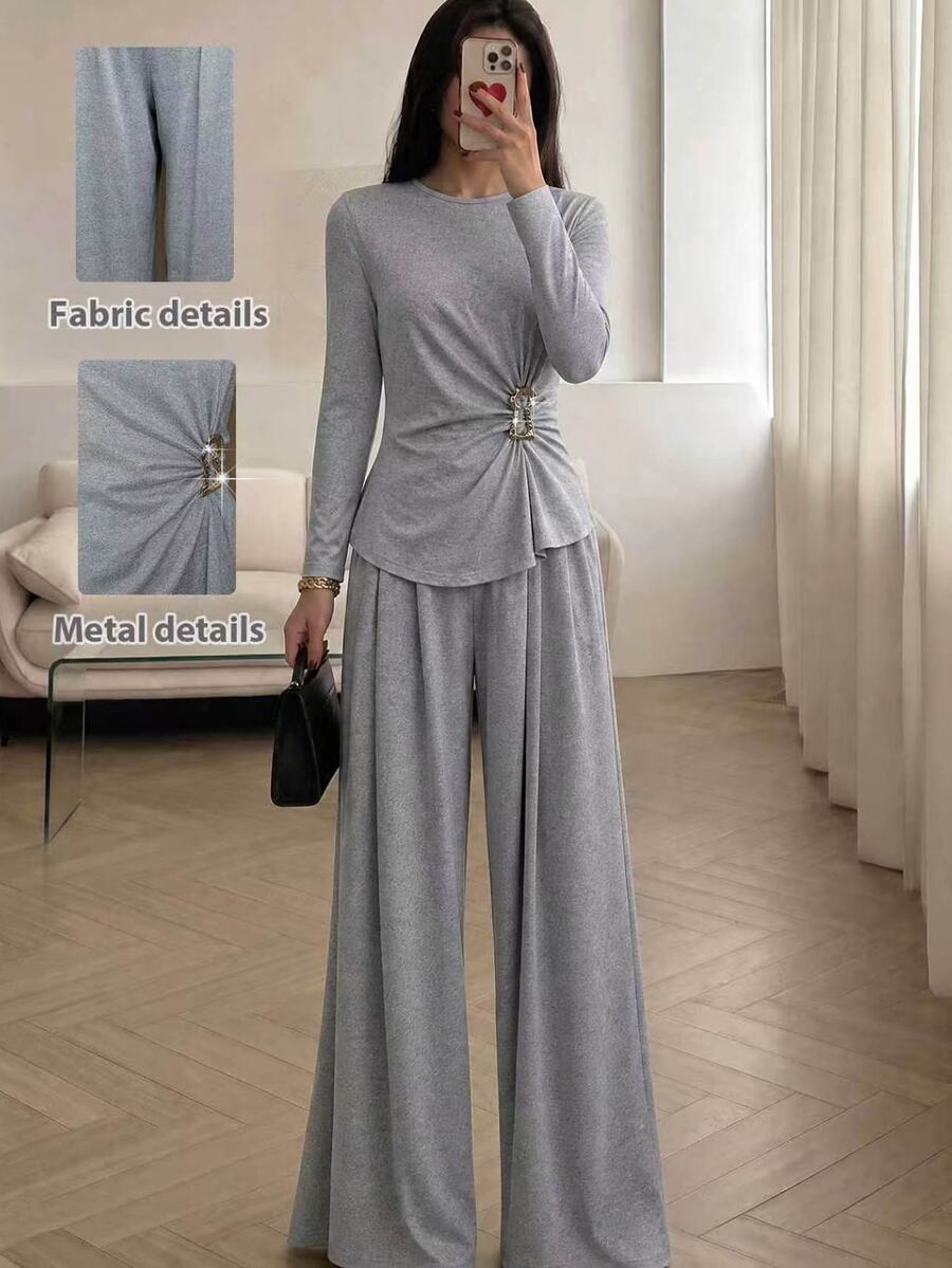 Modelyn Women's Minimalist Round Neck Metal Buckle Ruched Decor Top With Drapey Wide Leg Pants, Commute, Casual Shopping Outfit, Autumn/Winter 2 Pieces Set - Grey - View 1